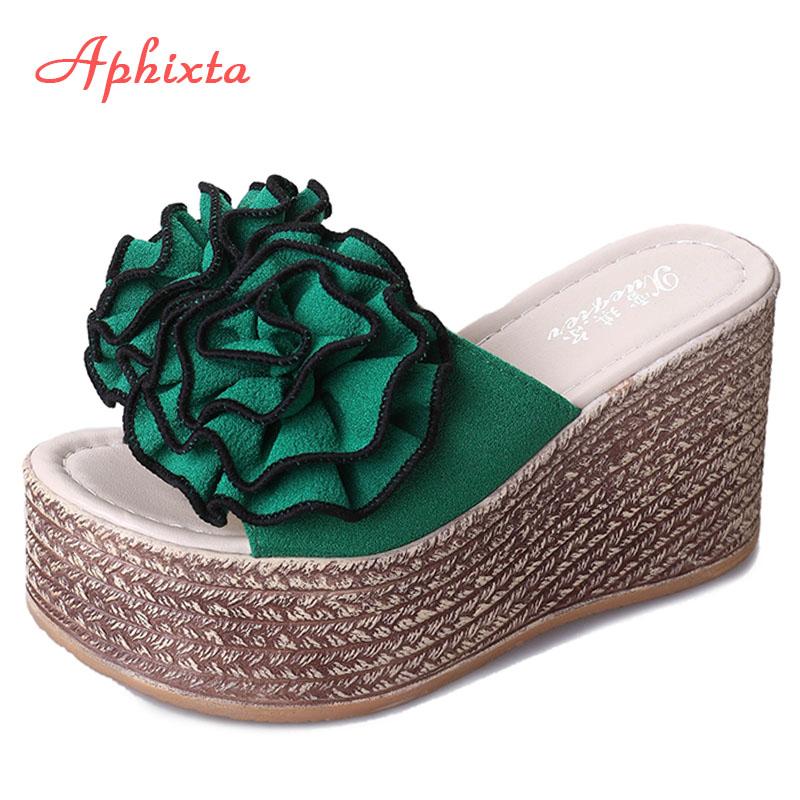 Fashion Aphixta 9cm Platform Wedge Slippers Women Shoes Clog Riband Rose Flowers Sandals Girls Flip Flop Slides Pantoufle Femme