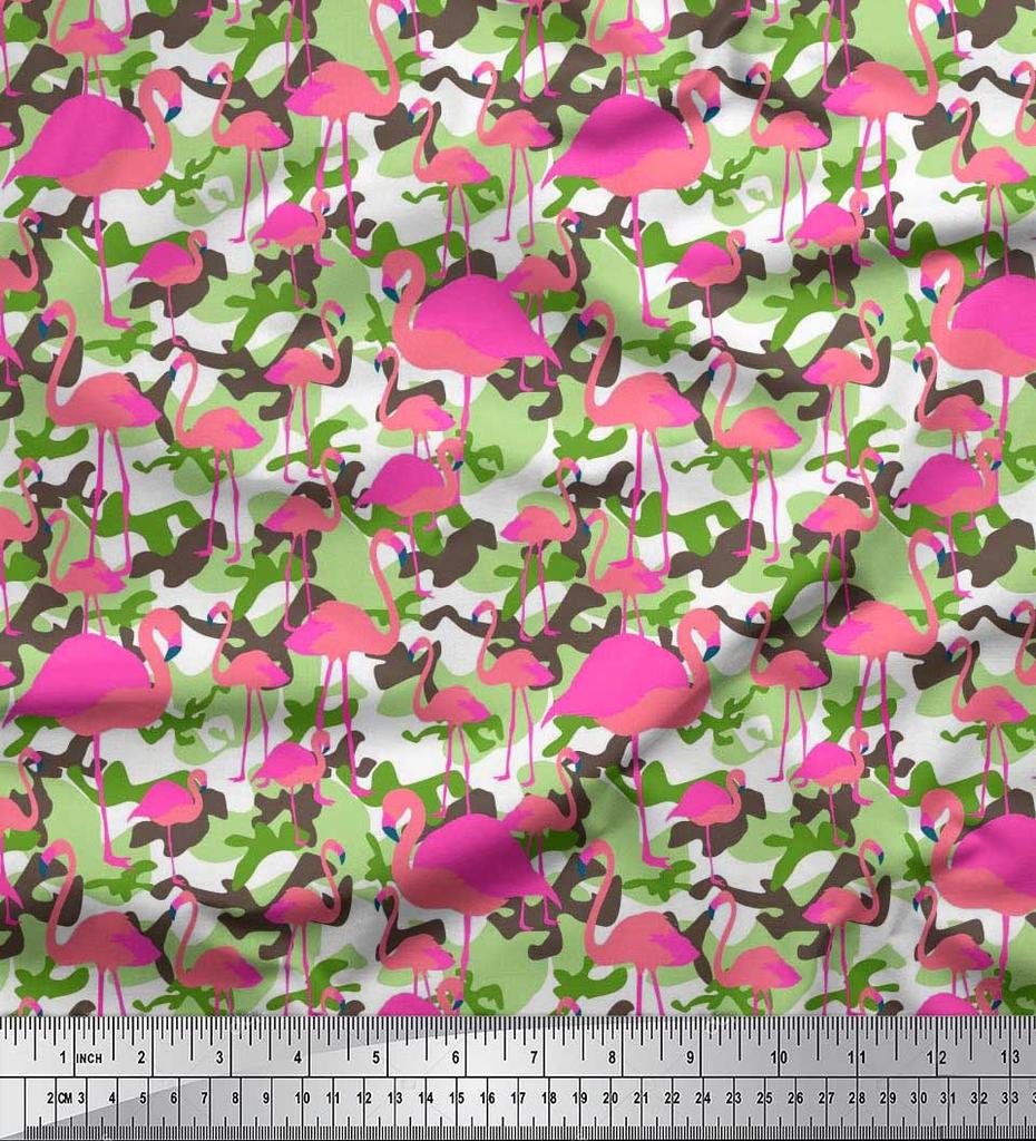 Soimoi Japan Crepe Satin Fabric Camouflage Texture & Flamingo Bird Printed Craft Fabric by the Metre 42 Inch
