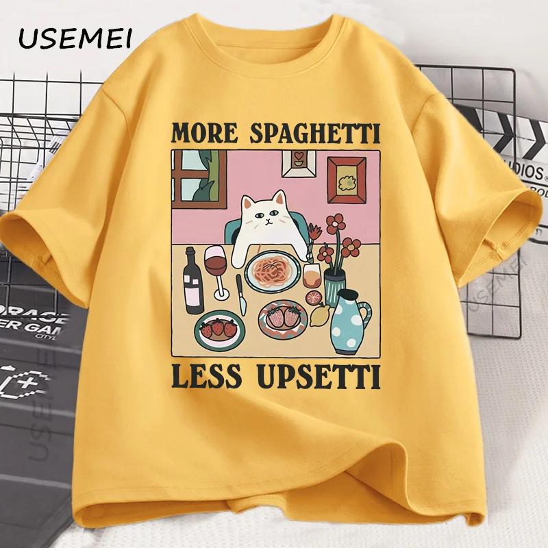

More Spaghetti Less Upsetti Cat TShirt Funny Cat Lover Tee Food Humor Graphic Top for Unisex Unisex Casual Loose Cotton Print Tee S