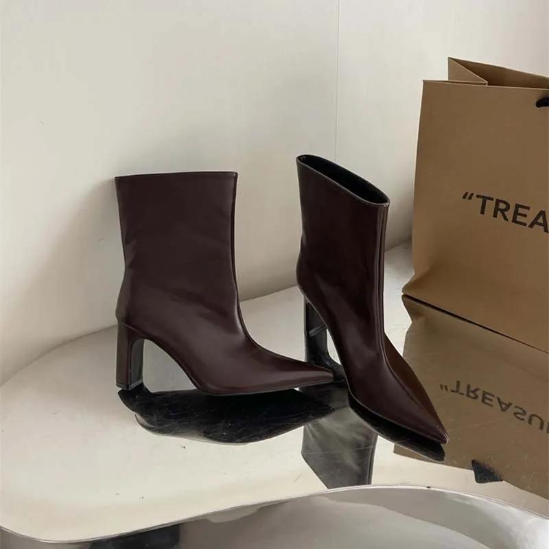 Stil Stradal Botine de Damă cu Vârf Ascuțit, Mărimi Mari, Toc Pătrat la Modă, Pantofi de Petrecere, Prom, Botine Scurte Concise pentru Doamne