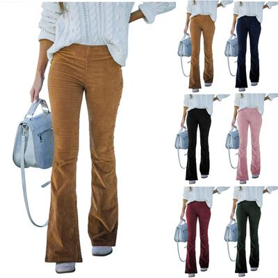 Ladies Solid Color Slim Fit Micro Flared Pants Elastic Waist Casual Pants Corduroy