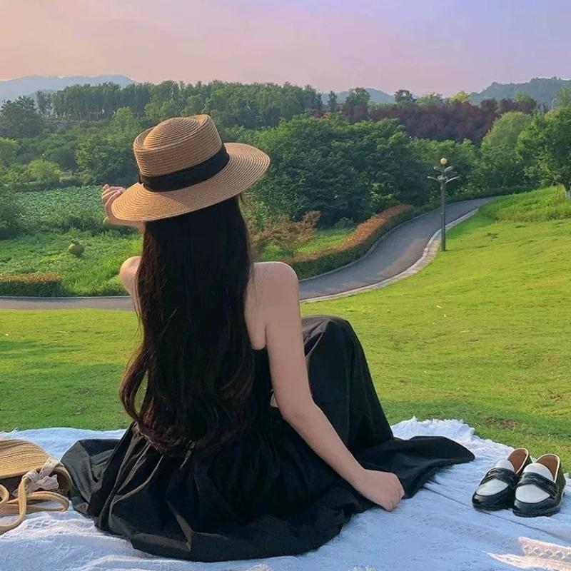Produced straw hat women's flat top seaside beach top hat sunscreen hat travel photo women's summer sun hat
