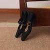 Krazing Pot Microfiber Square Toe Thick Med Heels Spring Summer Shoes Big Size 43 Metal Buckle Beauty Women Shallow Pumps