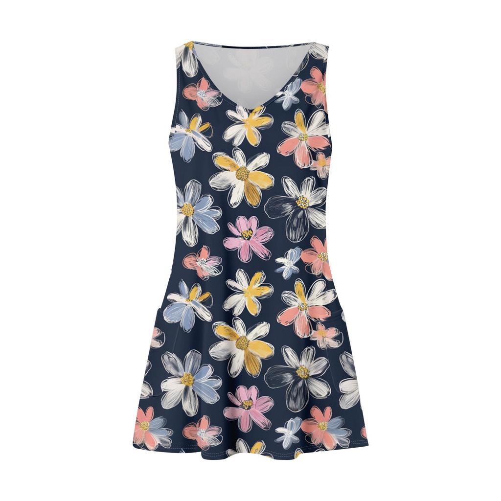 Women's Casual Fashion V-neck Sleeveless Floral Print Side Pocket Dress