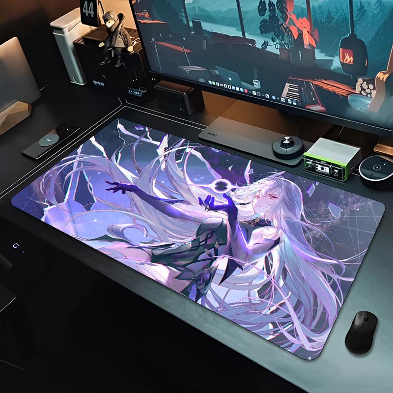 Gaming Mouse Pad Desk Mat Antislip Rubber Base Stitched Edges White Hair Anime Girl Print Extended Keyboard Pad for Gamers