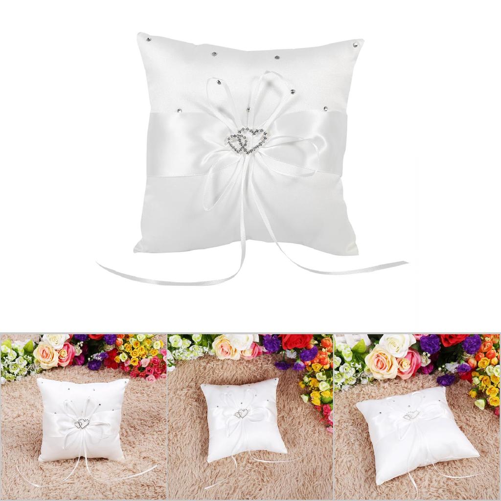 4 Colors Wedding Ring Bearer Holder Pillow Cushion With Bowknot Stain Double Hearts Diamonds
