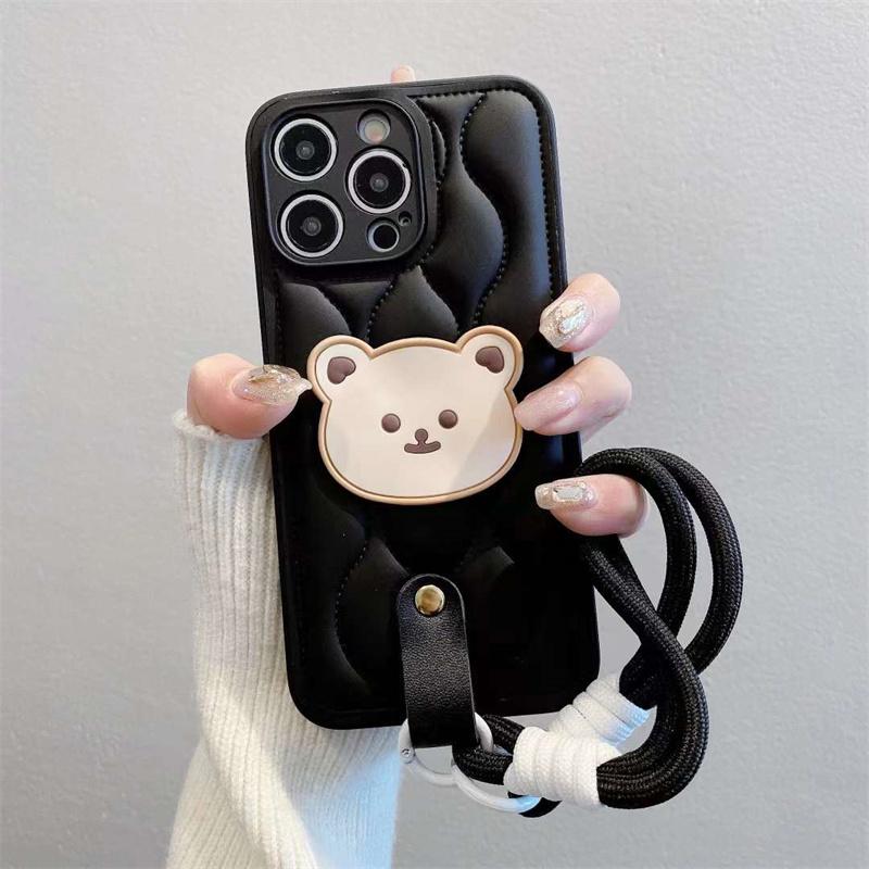 Cute Bear Wristband Lanyard Down Jacket Phone Case For iPhone 15 14 13 12 11 Pro Max Korea Soft Cover