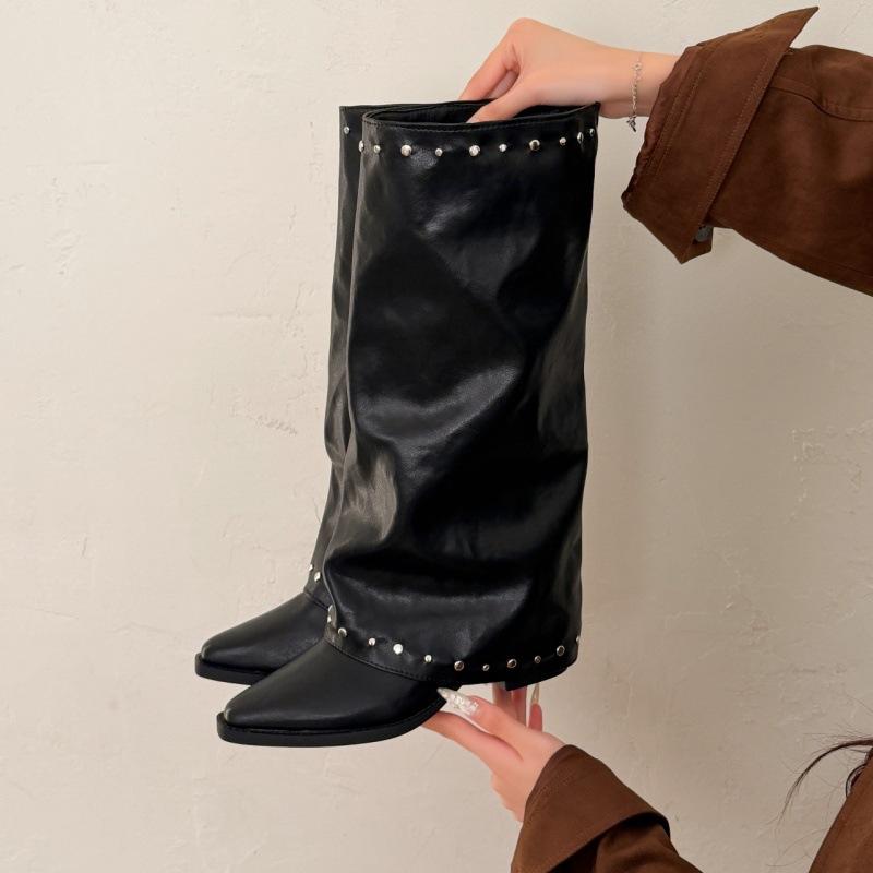 Maillard trouser boots spring and autumn new pointed high tube thick heel belt buckle heightening stack boots knight boots long boots