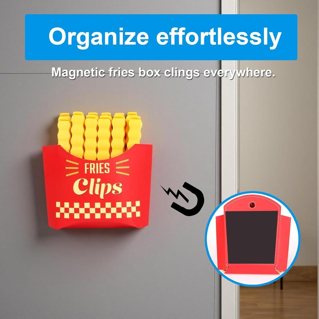 12PCS French Fry Food Bag Clips Set with Magnetic Chip Storage Box - Kitchen Snack Sealing Clips, Fun Fridge Accessories Gift