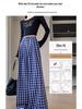 Zhao Lusi Style Women's Blue Plaid Wide-Leg Pants - 145 Petite, Early Autumn, Elegant Casual Straight-Leg