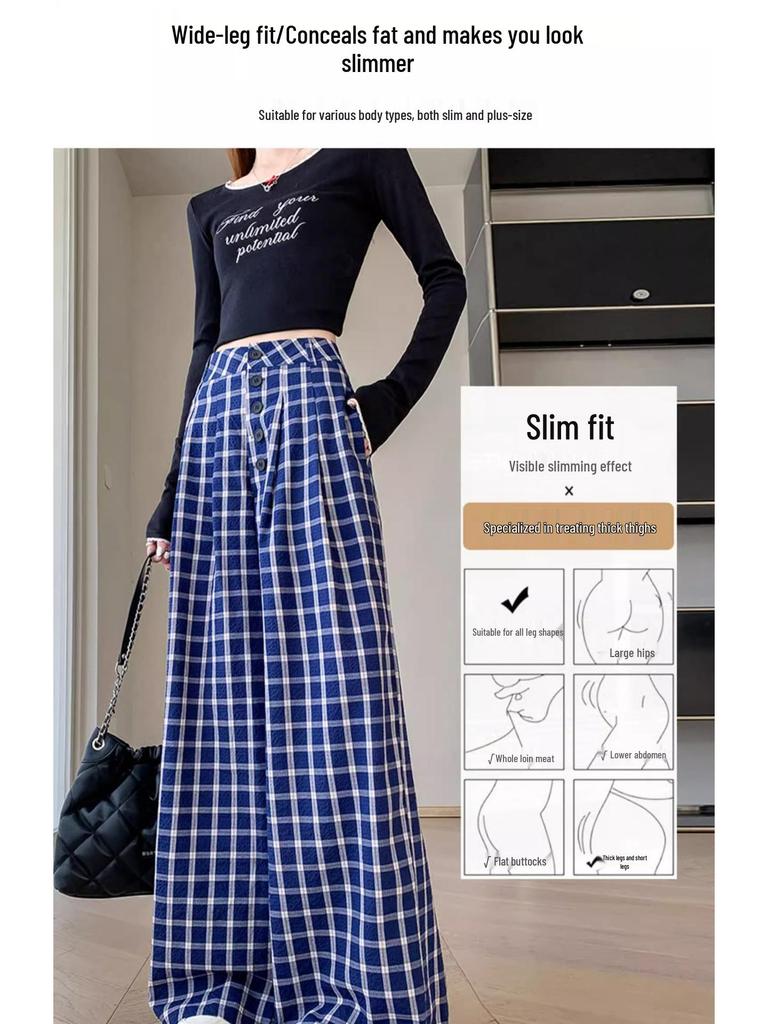 Zhao Lusi Style Women's Blue Plaid Wide-Leg Pants - 145 Petite, Early Autumn, Elegant Casual Straight-Leg