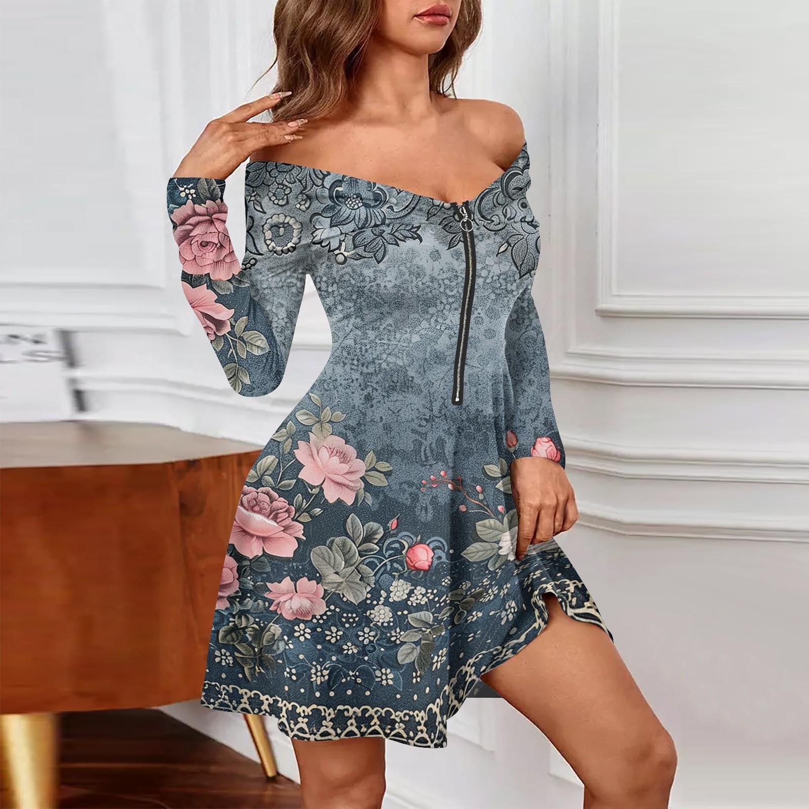 

Женские повседневные модные сексуальные платья с открытыми плечами и длинным рукавом с принтом на молнии XXL