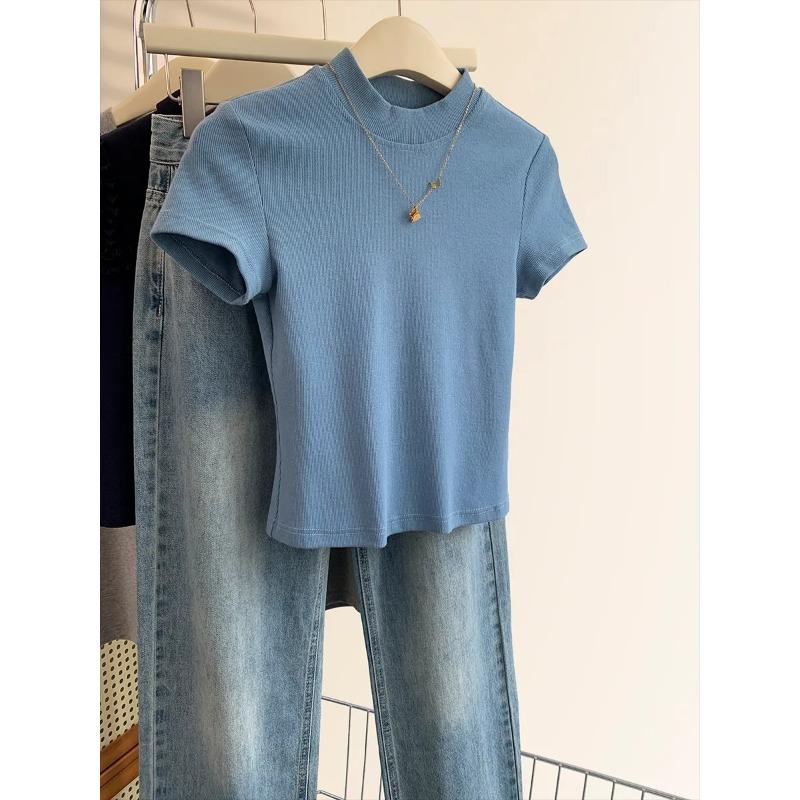 Half-High Collar Short Sleeve T-Shirt Women's New Summer Solid Color Slimming Right Shoulder Top