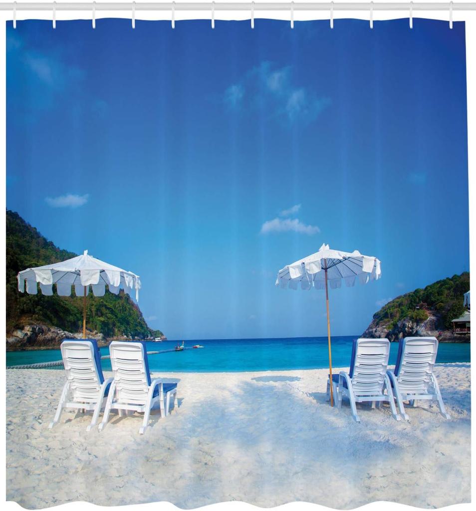 Beach Scene Shower Curtain with Hooks – Sandy Beach, Blue Ocean & Lounge Chairs, Tropical Seaside Bathroom Decor