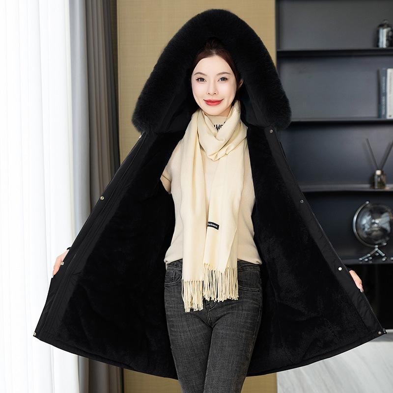 

Флис и более толстый пирог, чтобы преодолеть женскую зимнюю новую среднюю и длинную хлопковую одежду, тонкую хлопковую одежду M чёрный