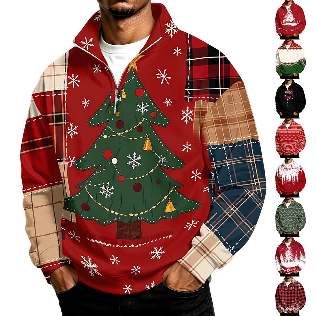 Men's Sweatshirt with Stand Collar Christmas Print Pullover for Casual Wear