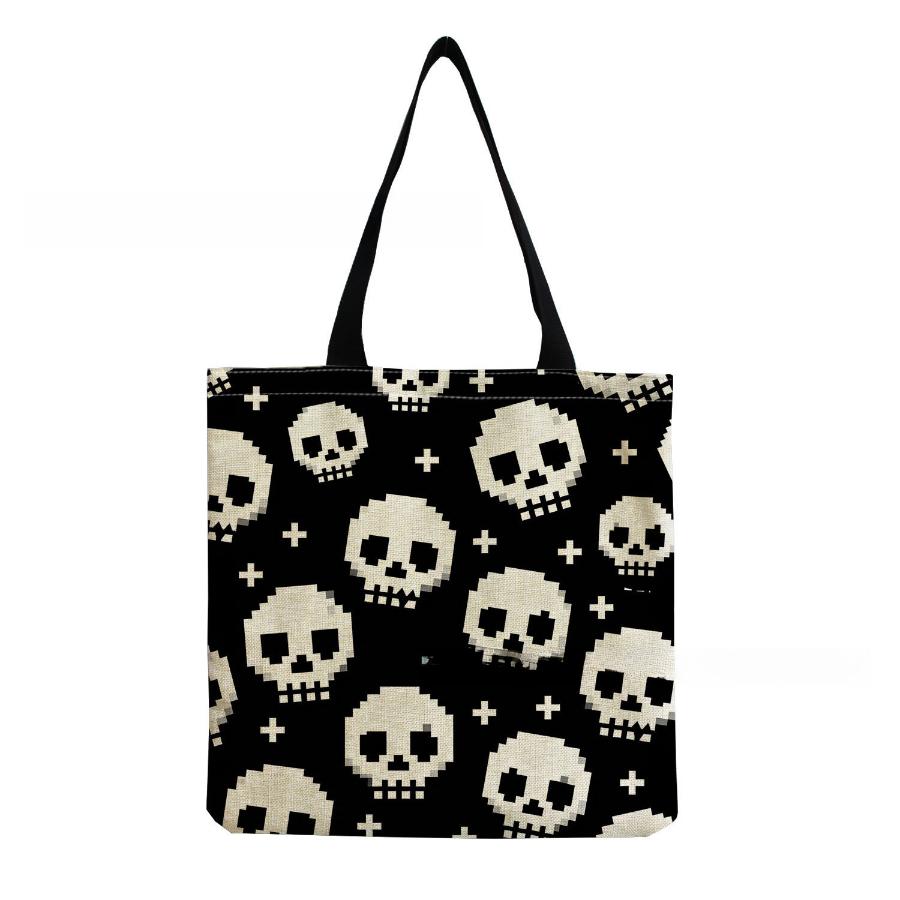 Women Vintage Linen Tote Bag - Large Capacity Skeleton Print Shoulder Handbag for Casual & Grocery Shopping KTB