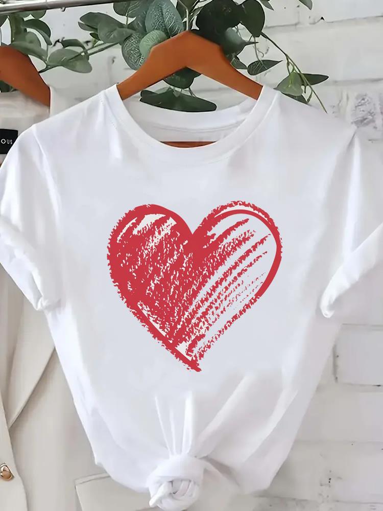 (Asian Size) trend flower love heart o-neck Lady Fashion Women Graphic Tee Short Sleeve T-shirts Casual Clothing Printed Female Top T Shirt