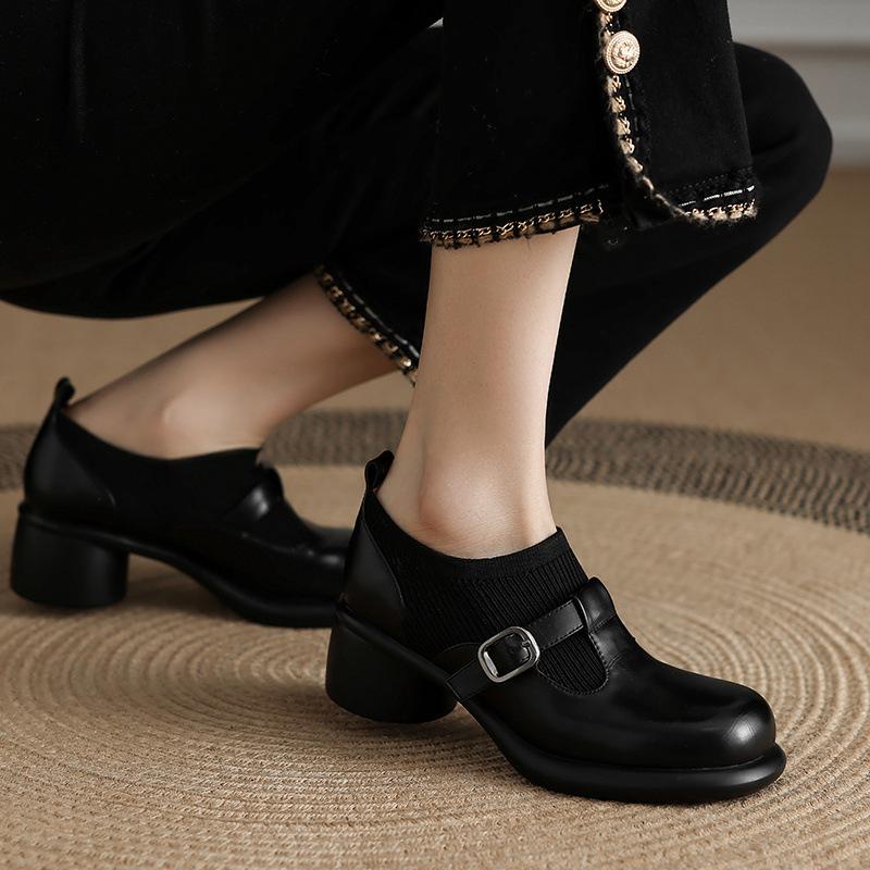 Large Size Flying Weaving Deep Mouth Single Shoes New Mary Jane Shoes Belt Buckle Thick Heel Small Leather Shoes