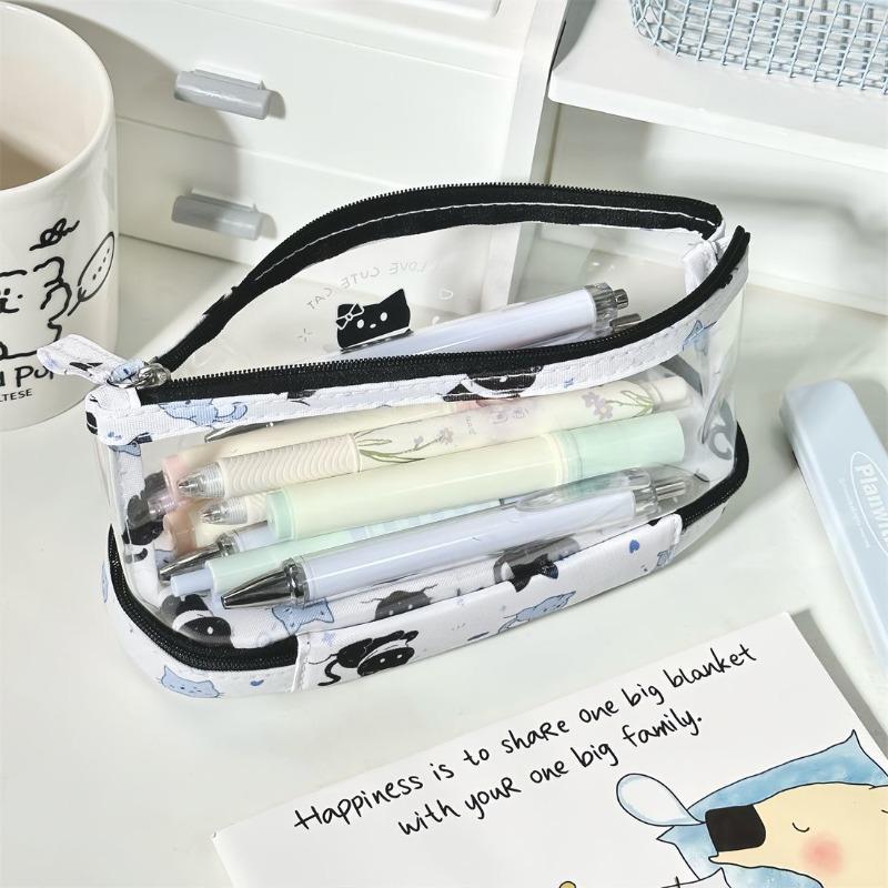 Cute Cartoon Transparent Pen Bag Cat/Capybara Double-layer Pencil Case Portable Multifunctional Student Stationery Storage Bag