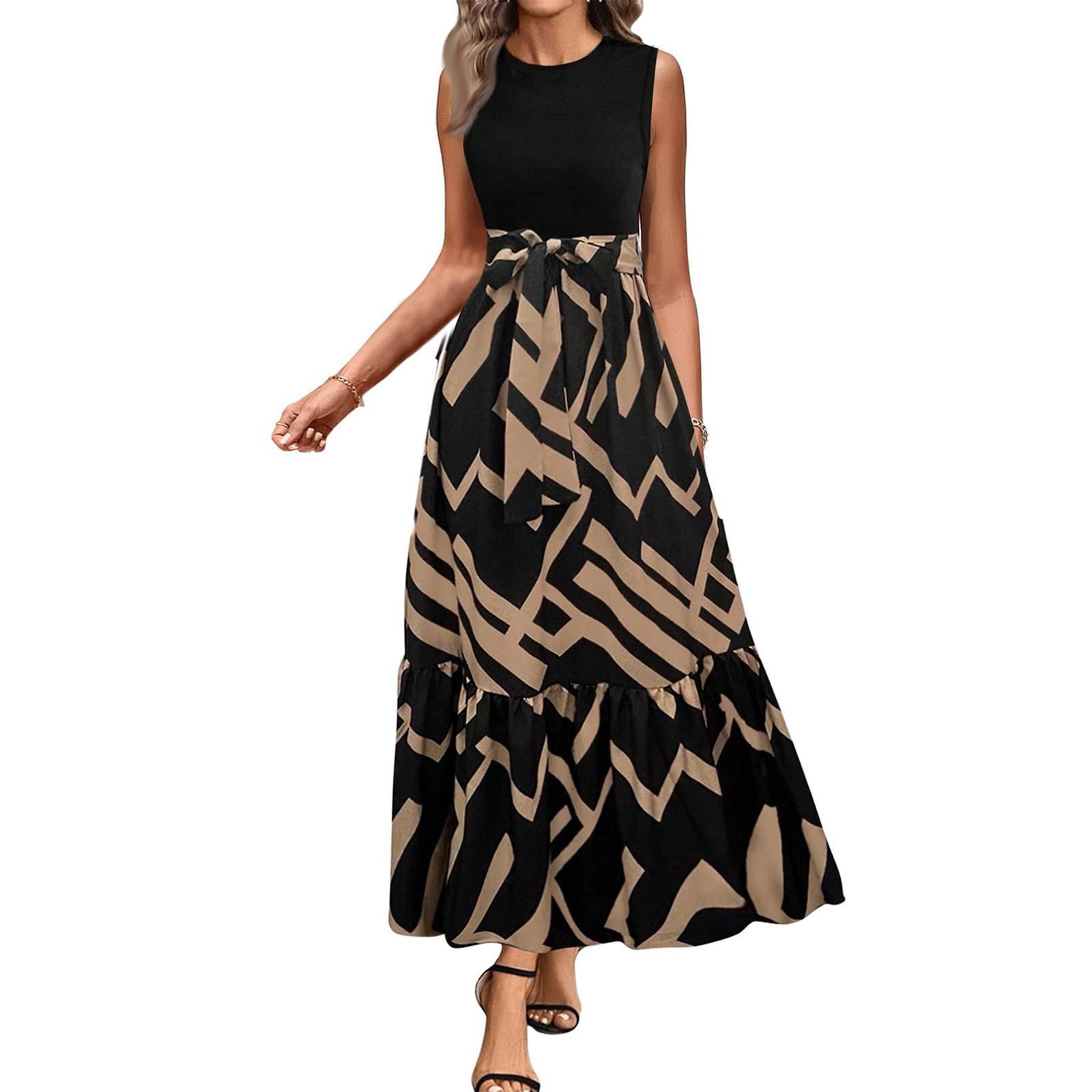 

Женское платье без рукавов с цветочным принтом и высокой талией, модное и элегантное XL бежевый