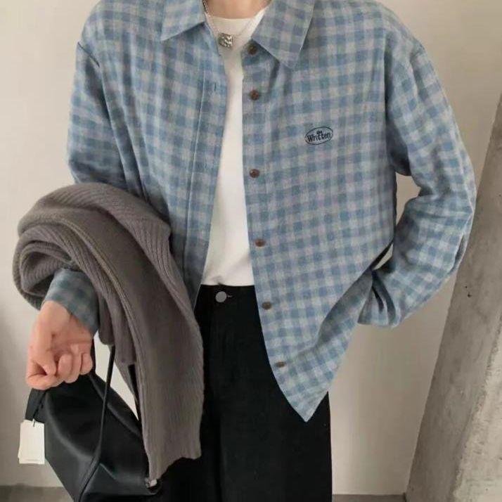 Women's Blue-Gray Plaid Embroidered Lapel Shirt - Korean Style, Relaxed Fit, Soft Brushed, Long Sleeve Layering
