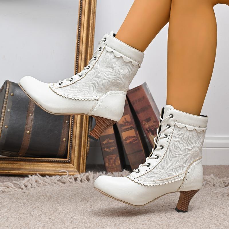 Block Heel Booties Autumn New Round Toe Lace Lace-Up Soft Sole Anti-Slip Wear-Resistant Fashion Boots