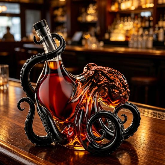 3D Octopus Whiskey Decanter, Nautical Art Collectible Whiskey Bottle, 350ml Glass Decorative Liquor Bottle, Home Bar Decanter for Spirits Whiskey