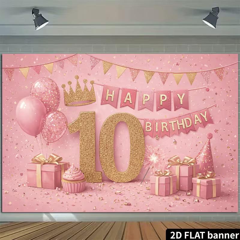 2D Pink Gold 10th Birthday Backdrop Photography Background