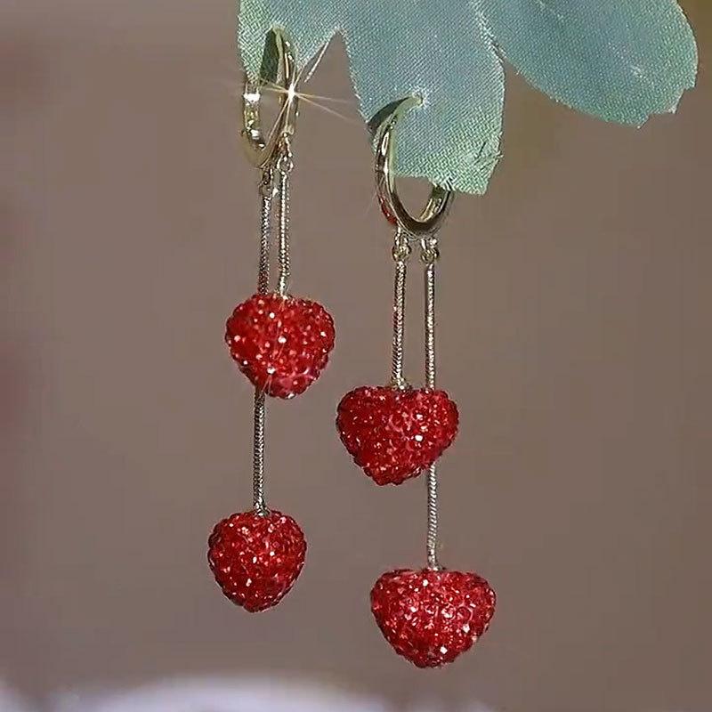 Luxury Full Rhinestone Heart Fringed Earrings for Women Sweet Cute Red Ball Tassel Long Earrings Girls Daily Party Jewelry Gift