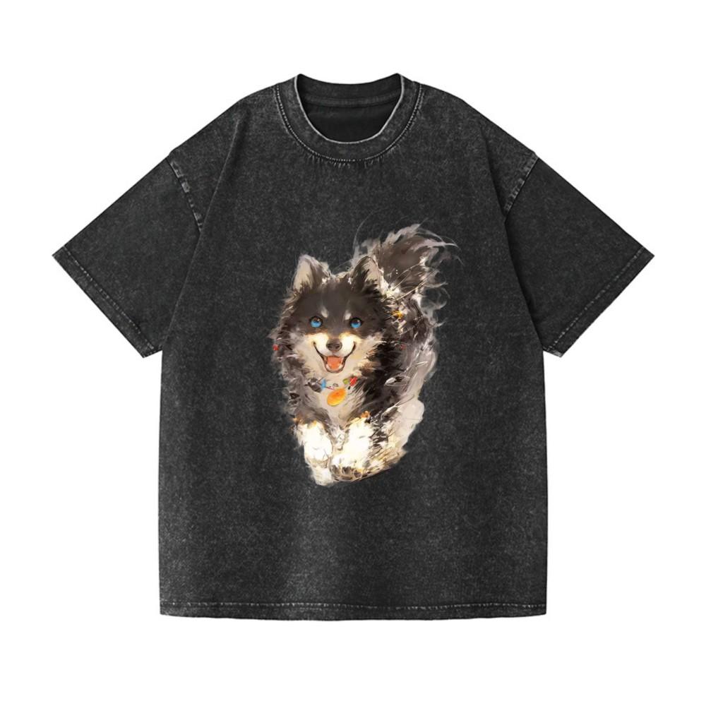 Cute Watercolor Pomsky Puppy Vintage Washed Oversized T-Shirt S разноцветный