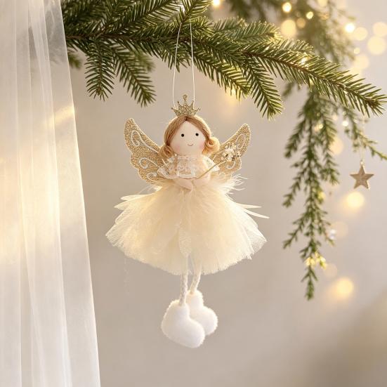 Fairy Tale Ornaments Angel Doll Pendant with Lace Mesh Skirt And Glitter Wings, Decorative Elegant Party Favors Christmas Tree Hanging Ornament