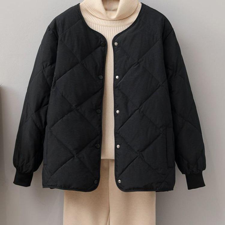 Women's Cotton Down Jacket Short Winter Light Loose Outer Collarless Round Neck Rhombus Grid Cotton-padded Small Clothes