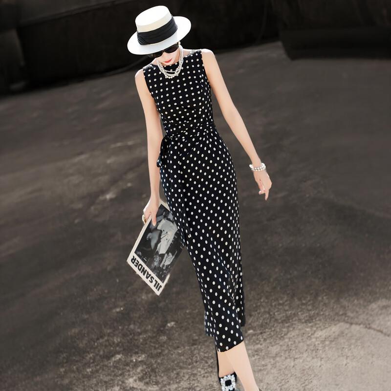 Lanseer 2026 Summer French Polka Dot Sleeveless Midi Dress M