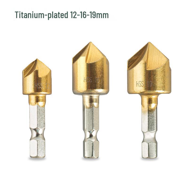 6-Piece Hexagonal Handle Titanium Chamfering Knife & 3-Piece Hole Reamer Woodworking Countersink Set (12mm, 16mm, 19mm)