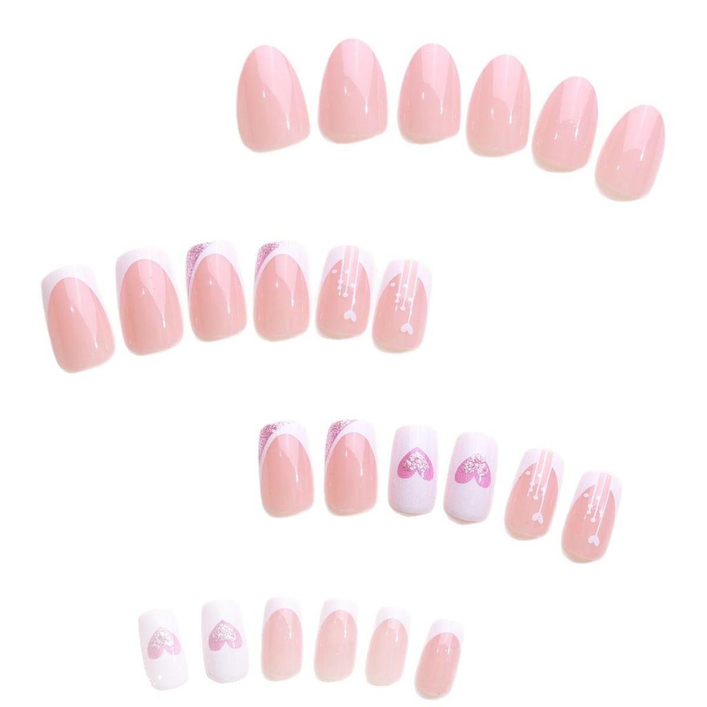 Valentine's Day French Press-On Nails: White Edge with Pink Heart Glitter - Stylish Cross-Border Nail Art