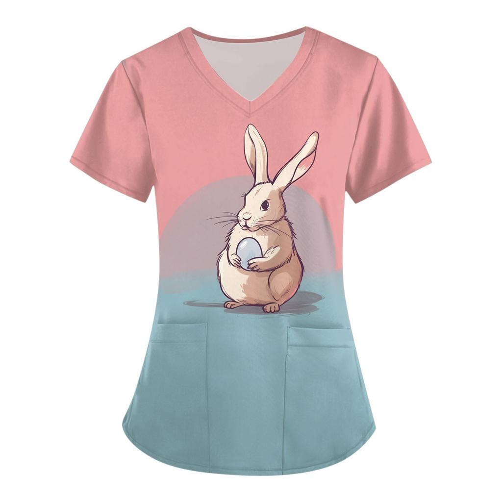 Women's Fashion V-neck Short Sleeve Workwear With Pockets  Printed Tops