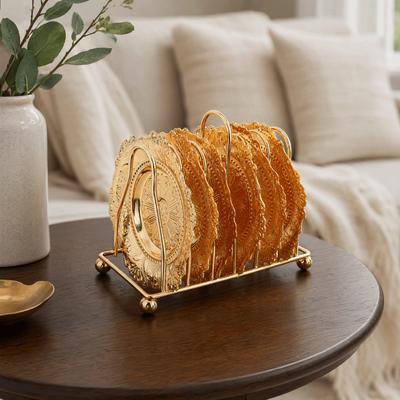7PCS Gold Metal Coasters Set European Coasters with Holder Metal Table Coasters  For Banquets