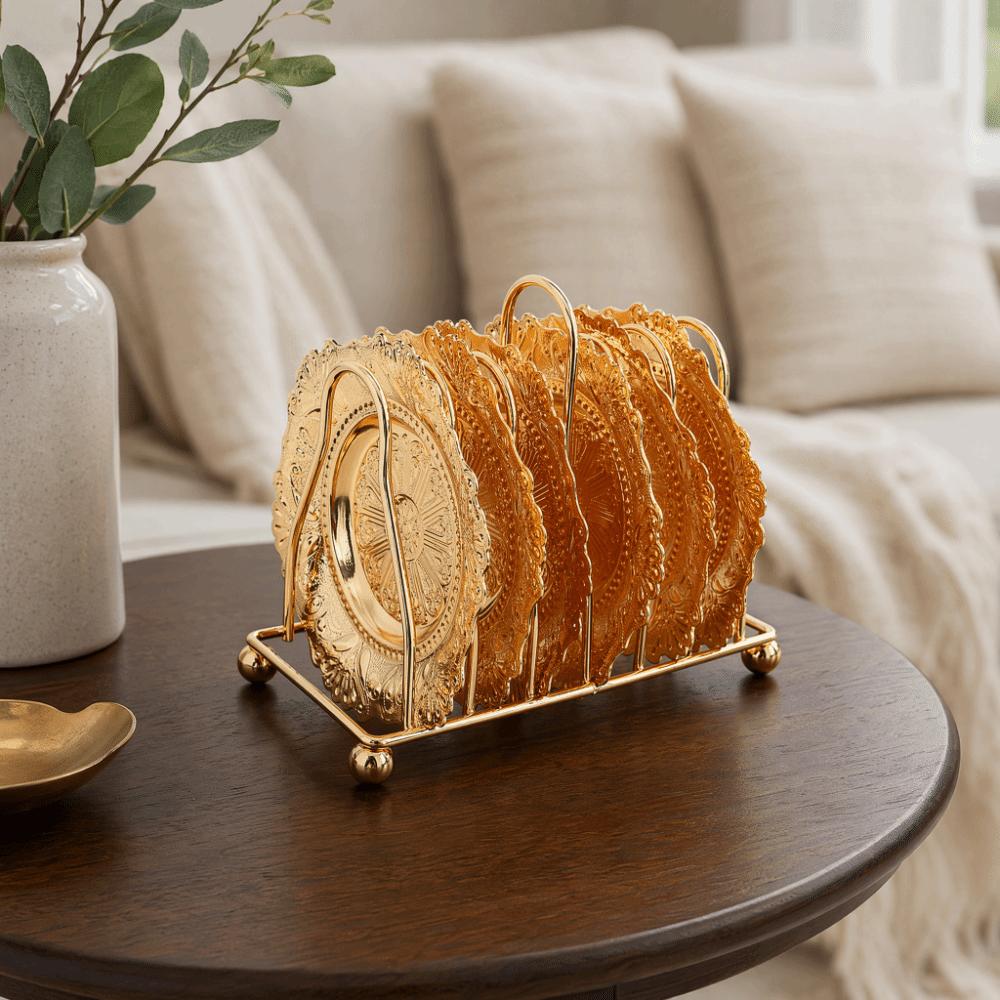 7PCS Gold Metal Coasters Set European Coasters with Holder Metal Table Coasters For Banquets