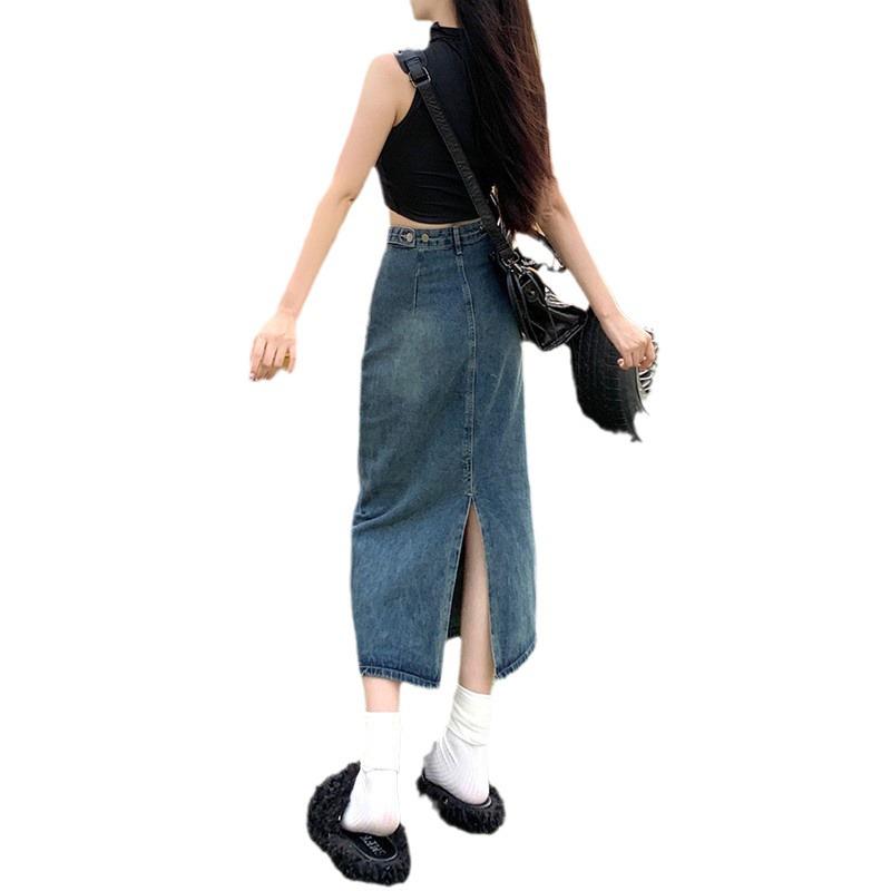 2024 Women's High-Waisted A-Line Denim Skirt with Split: Retro Long Skirt for Spring and Autumn