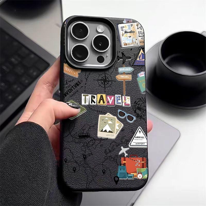 Für iPhone 16 15 Pro Max 14 Pro 13 12 11 Hülle Reise Wegweiser Muster TPU Ledertextur Weich Matt Stoßfest Schlank Handyhülle