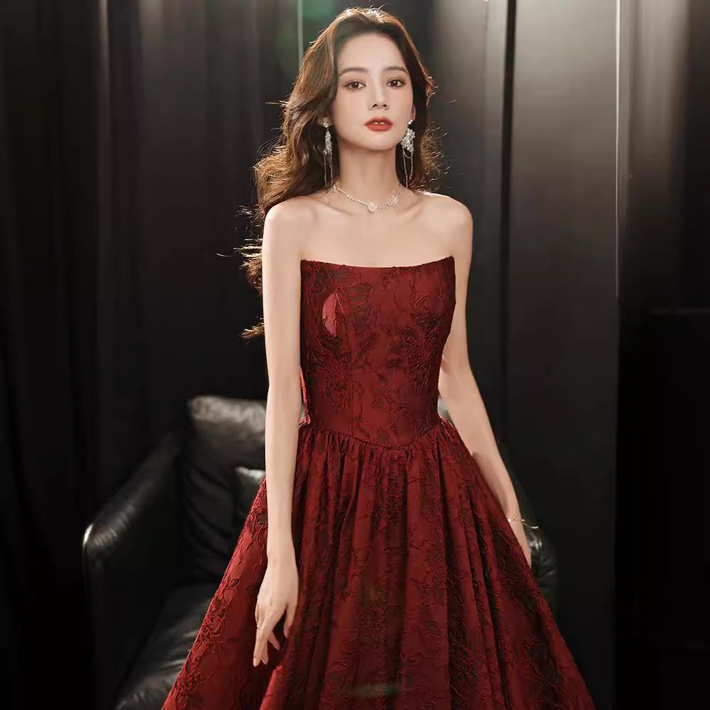 Tube Top Toast 1011 New Bride Wedding Engagement Burgundy Toast Banquet Annual Meeting Temperament Evening Dress