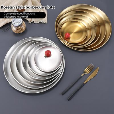 Round Dinner Plate Serving Platter Stainless Steel Barbecue Tray Korean Style Serving Dish Fruit Dessert Steak Plate