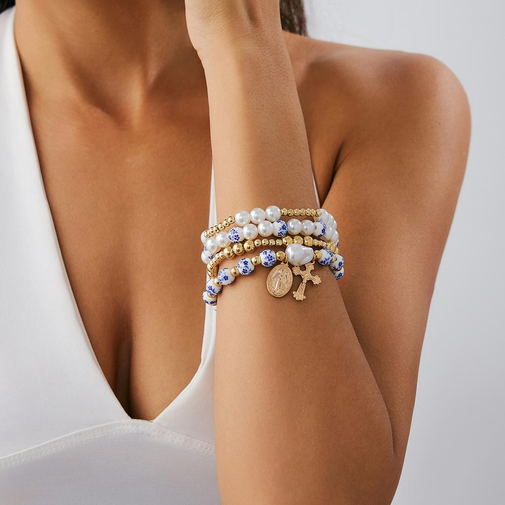 Personalized Chinese Style Blue And White Ceramic Beaded Imitation Pearl Elastic Bracelet, Creative Metal Cross Pendant Bracelet