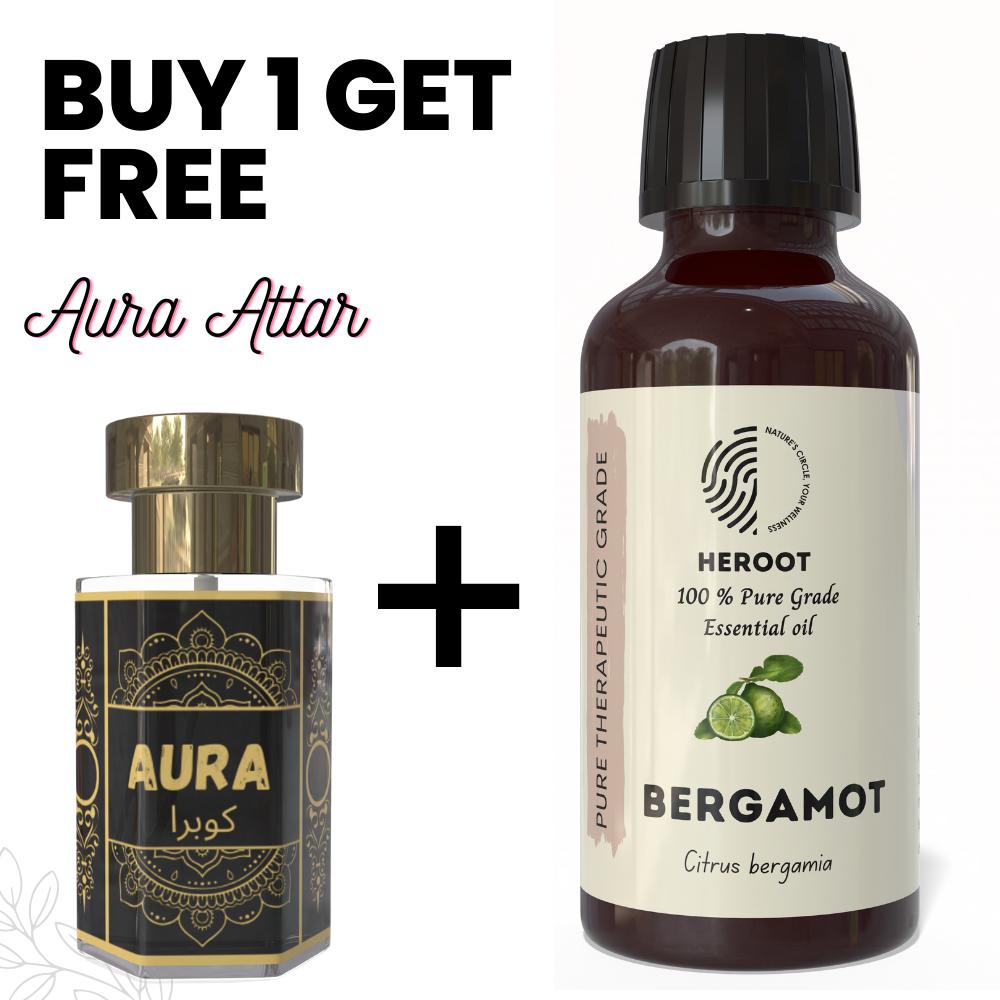 Bergamot Essential Oil 10ml for Aromatherapy & Home Fragrance with Free 6 Ml Attar – Aqua AQ, Dubai Oud, Aura, White Oud