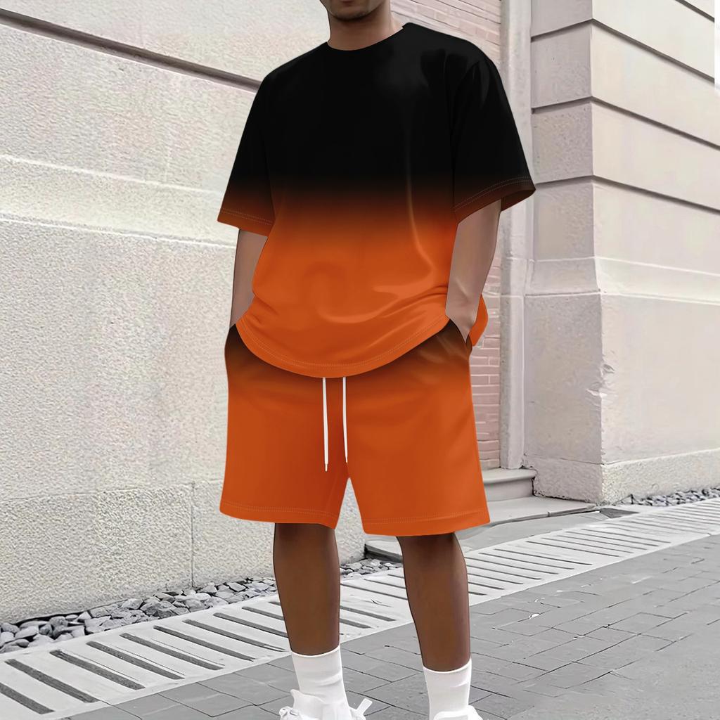 Men's Gradient Print Casual Short Sleeve Crew Neck Top with Matching Shorts Set Lightweight Breathable Summer Outfit