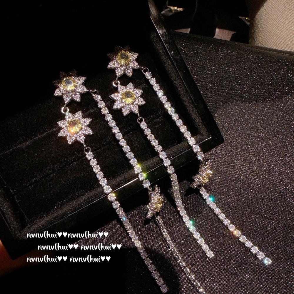 Italienischer Vintage Blühender Edelstein Halskette Vintage Dämmerung Gelbe Blume Zirkon Quaste Ohrringe, Set