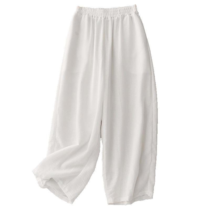 2025 summer new solid color cotton and linen wide-leg pants women's literary loose simple drape elastic waist nine-point casual pants