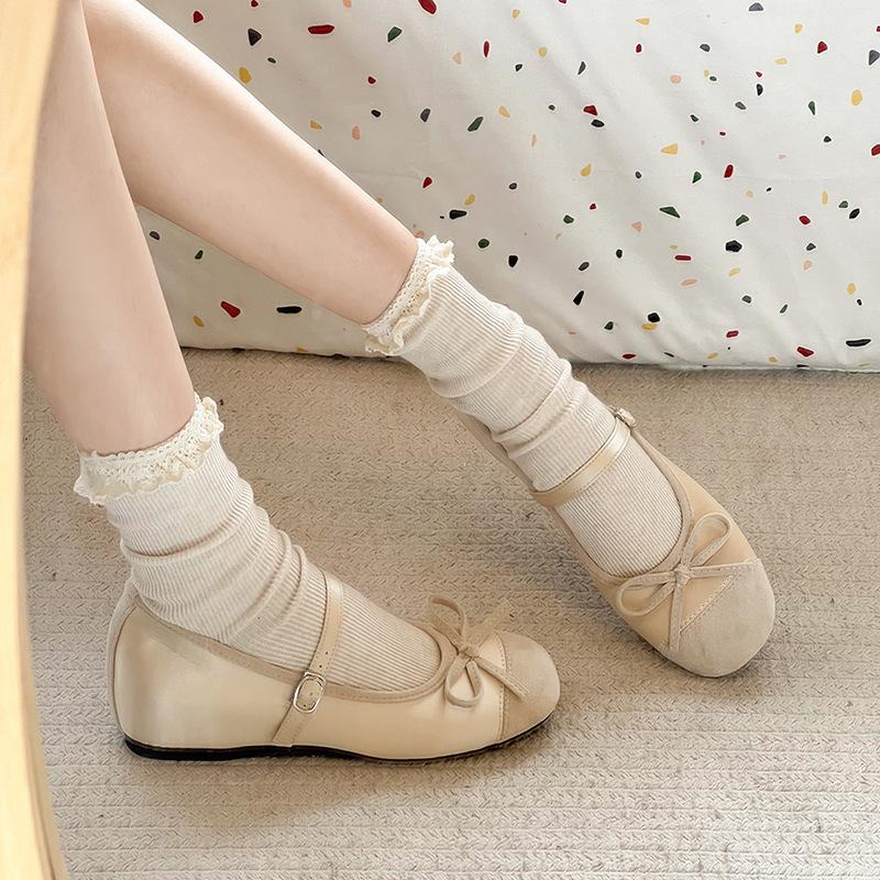 Xiaoxiangfeng bow Mary Jane shoes one-word buckle belt inner height increase evening shoes fairy gentle shallow mouth single shoes