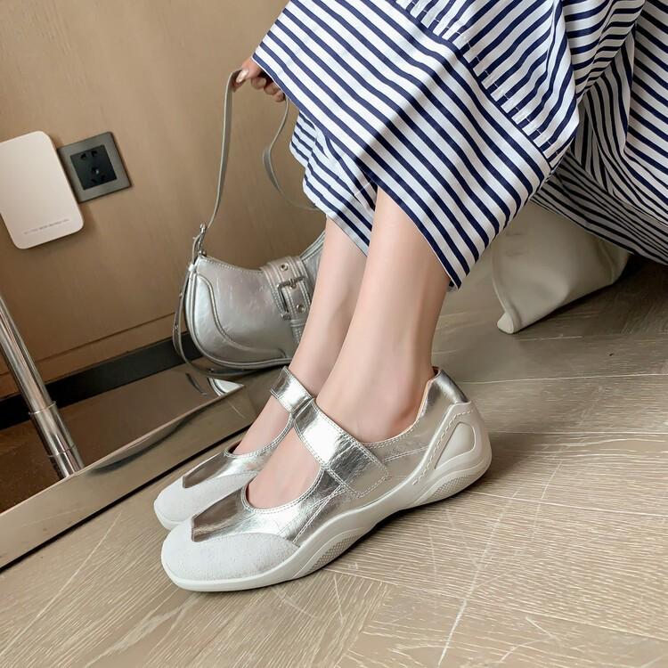 Spot Lightning Hair~ Inside and Outside Full Leather Casual Mary Jane Shoes 2025 Spring First Layer Cowhide Velcro Sports Shoes